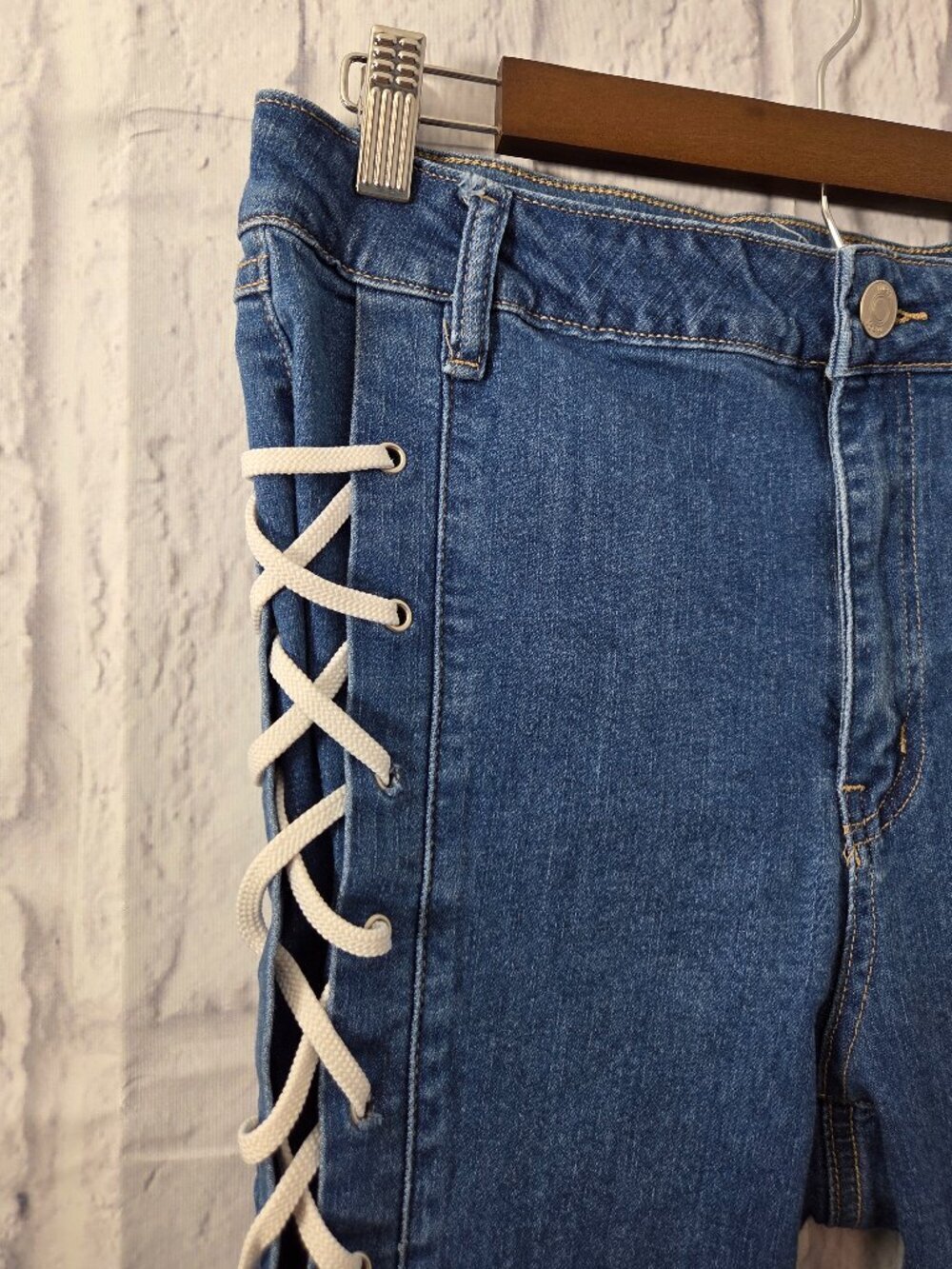 Rue 21 Size 12 Stretch High Rise Rope Lace Up Skinny Leg Denim Jeggings - Picture 4 of 11